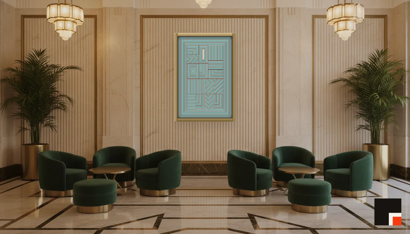 A Lumen & Logic artwork hanging in a Art Deco hotel interior — Lobby lounge · Vienna