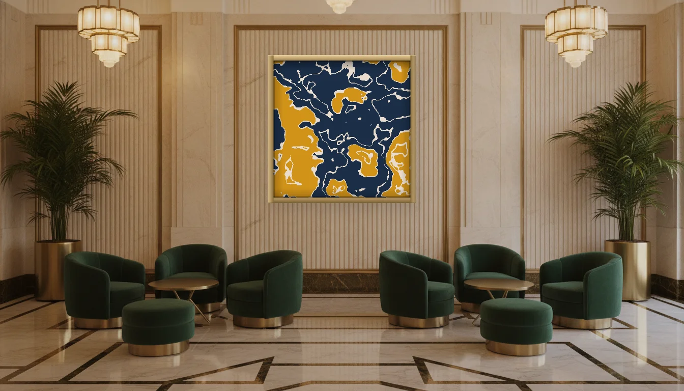 A Lumen & Logic artwork hanging in a Art Deco hotel interior — Lobby lounge · Vienna