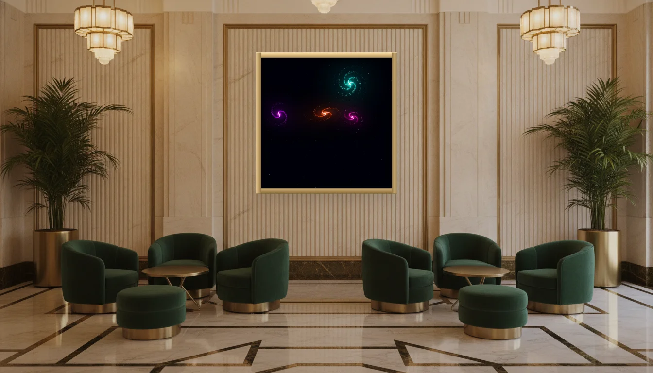 A Lumen & Logic artwork hanging in a Art Deco hotel interior — Lobby lounge · Vienna