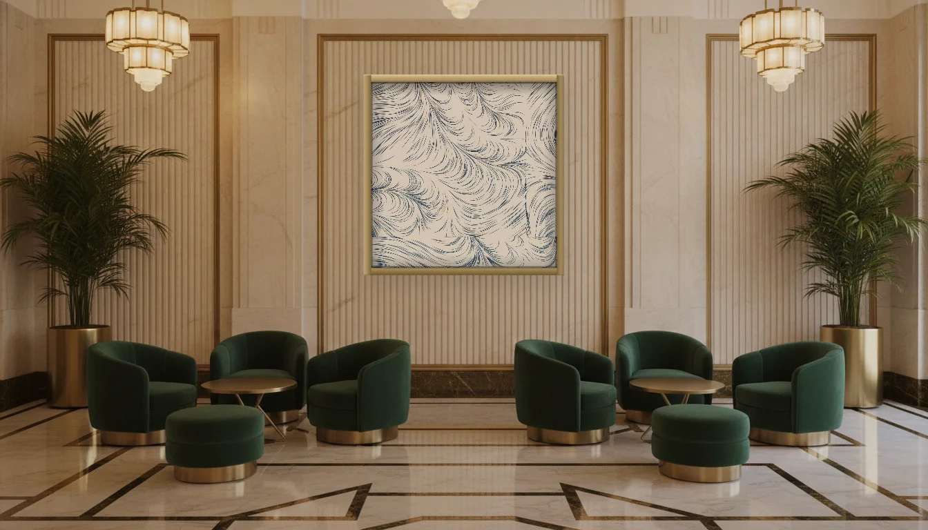 A Lumen & Logic artwork hanging in a Art Deco hotel interior — Lobby lounge · Vienna