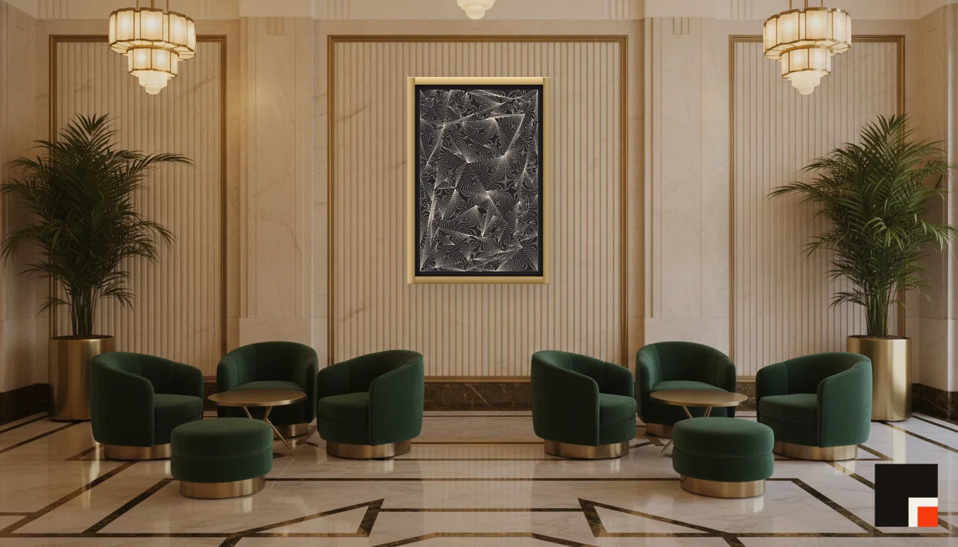 A Lumen & Logic artwork hanging in a Art Deco hotel interior — Lobby lounge · Vienna