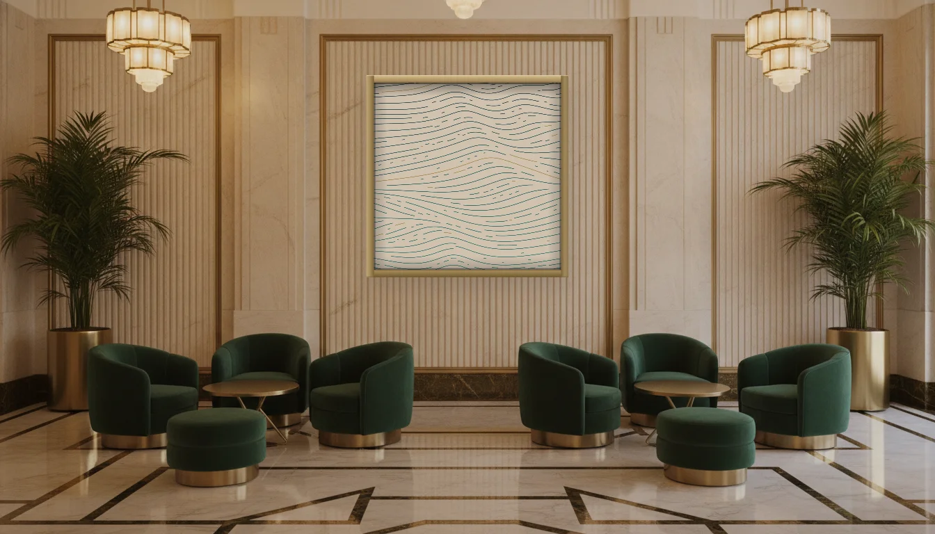 A Lumen & Logic artwork hanging in a Art Deco hotel interior — Lobby lounge · Vienna