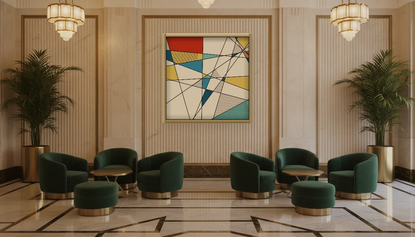 A Lumen & Logic artwork hanging in a Art Deco hotel interior — Lobby lounge · Vienna