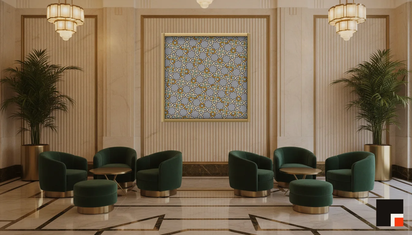 A Lumen & Logic artwork hanging in a Art Deco hotel interior — Lobby lounge · Vienna