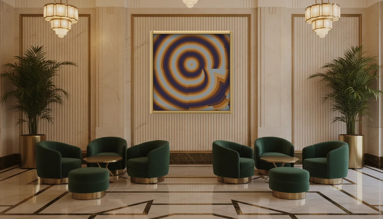 A Lumen & Logic artwork hanging in a Art Deco hotel interior — Lobby lounge · Vienna