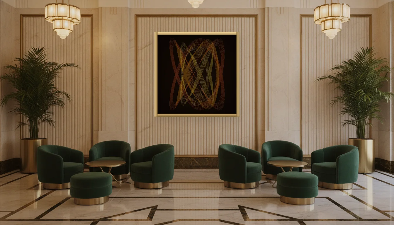 A Lumen & Logic artwork hanging in a Art Deco hotel interior — Lobby lounge · Vienna