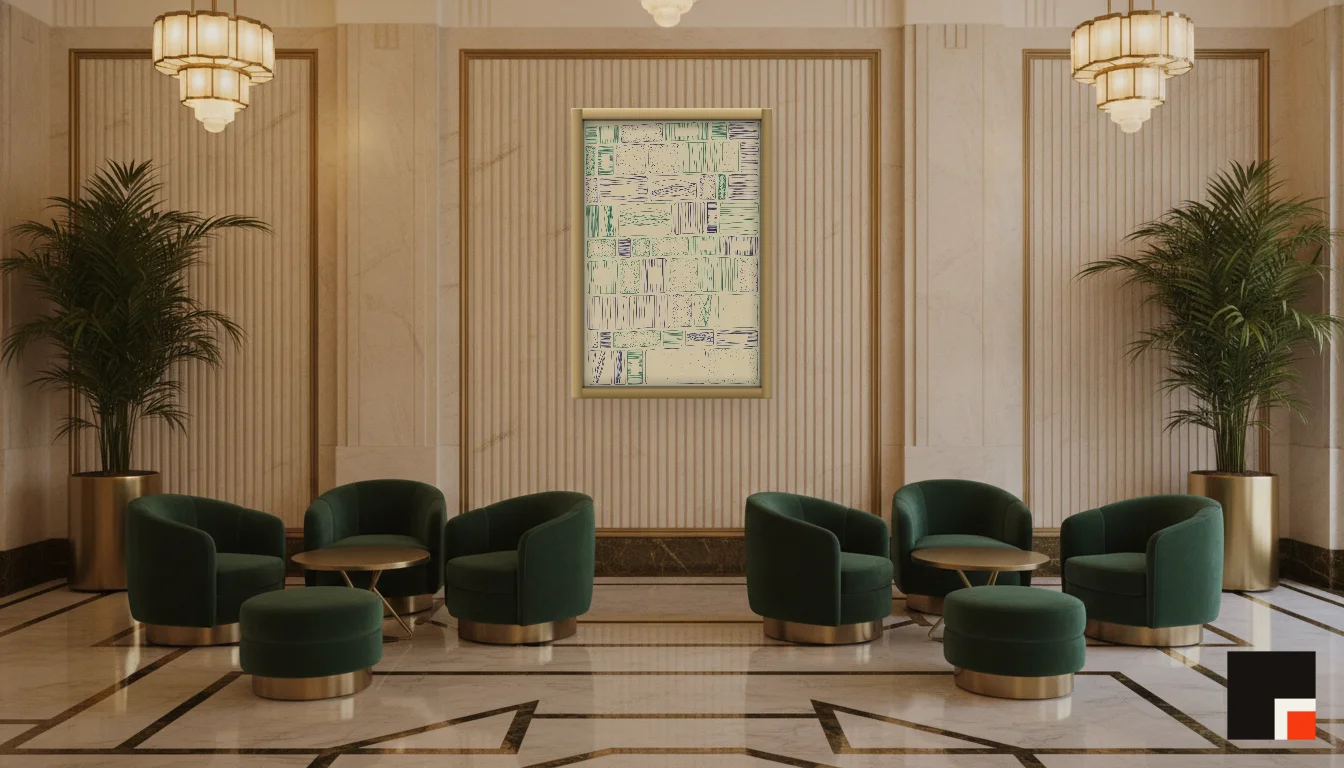 A Lumen & Logic artwork hanging in a Art Deco hotel interior — Lobby lounge · Vienna