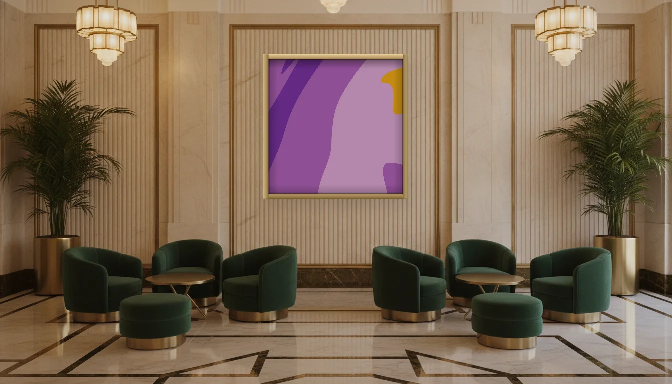 A Lumen & Logic artwork hanging in a Art Deco hotel interior — Lobby lounge · Vienna