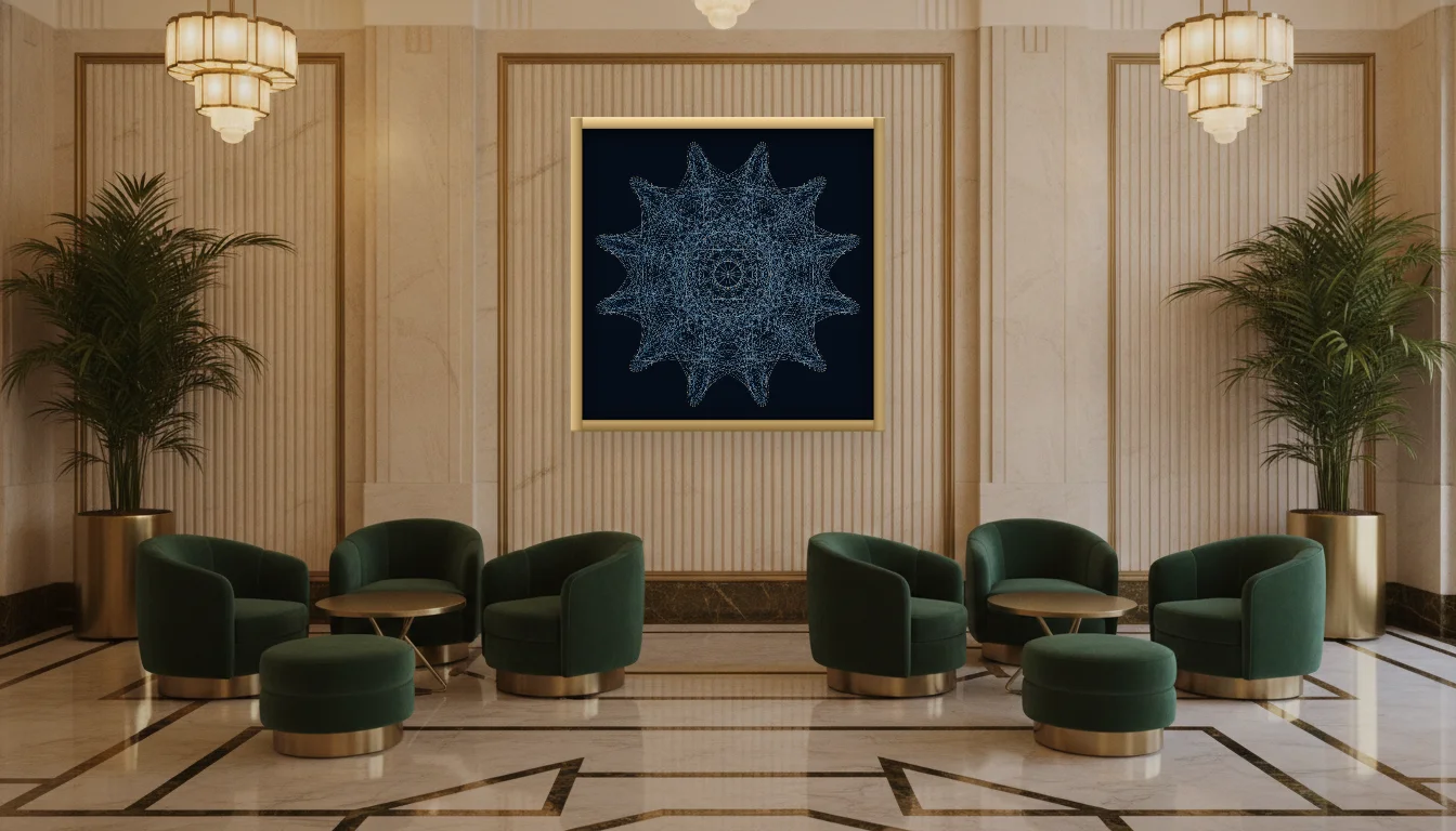 A Lumen & Logic artwork hanging in a Art Deco hotel interior — Lobby lounge · Vienna