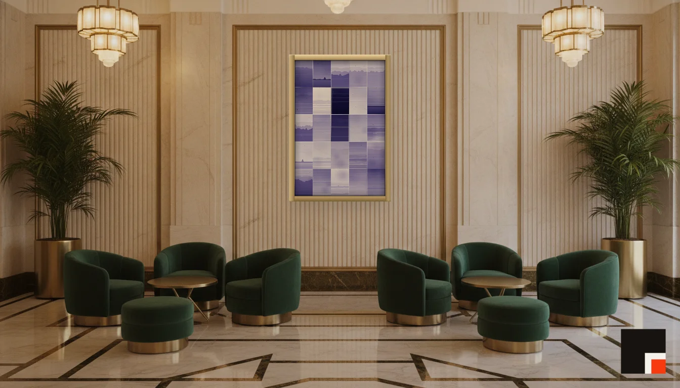 A Lumen & Logic artwork hanging in a Art Deco hotel interior — Lobby lounge · Vienna
