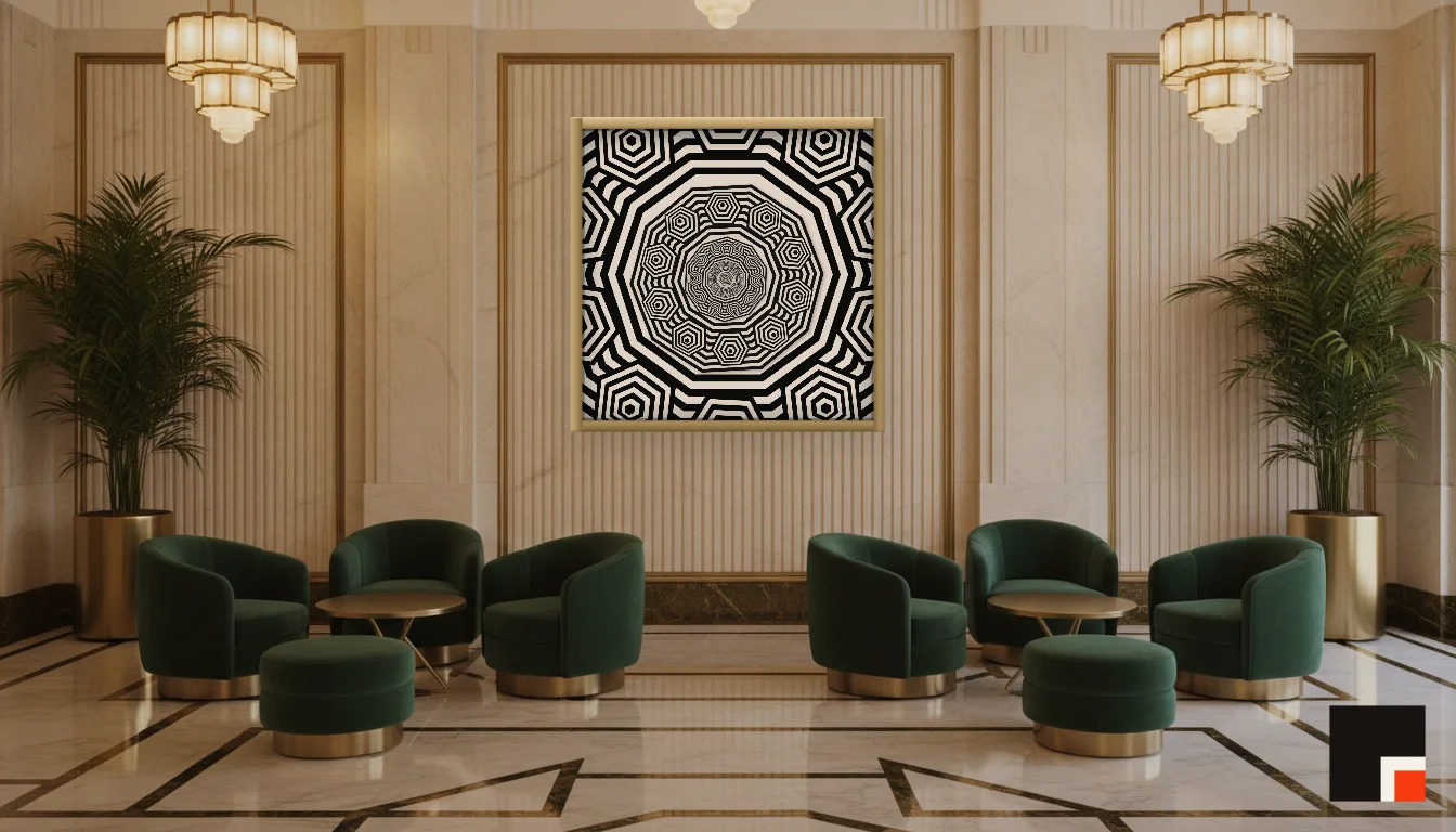 A Lumen & Logic artwork hanging in a Art Deco hotel interior — Lobby lounge · Vienna
