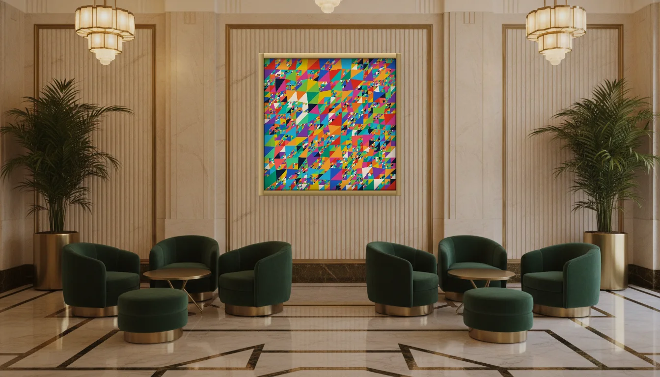 A Lumen & Logic artwork hanging in a Art Deco hotel interior — Lobby lounge · Vienna
