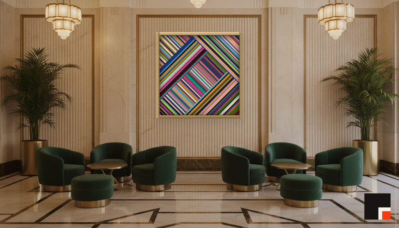 A Lumen & Logic artwork hanging in a Art Deco hotel interior — Lobby lounge · Vienna