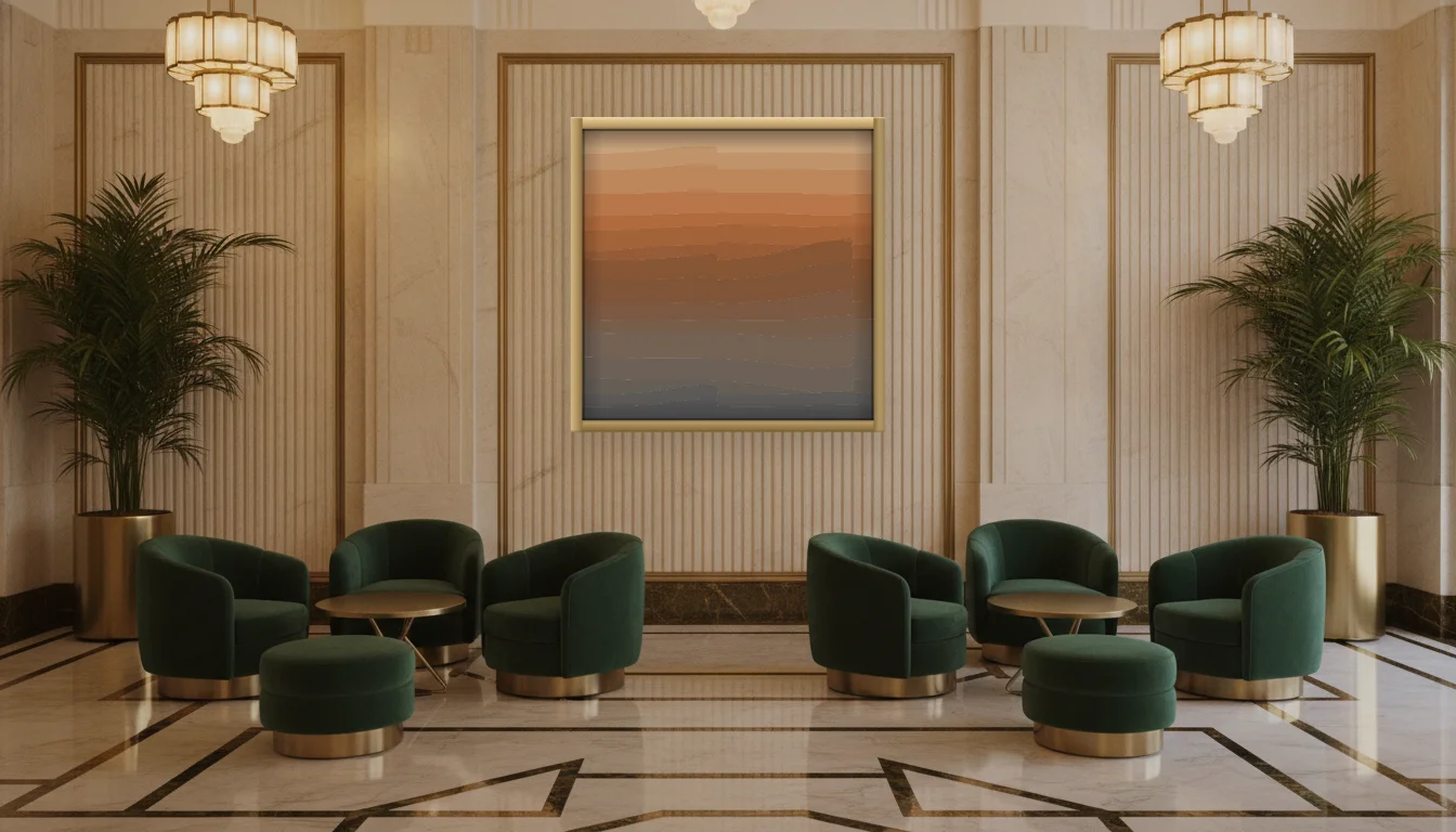 A Lumen & Logic artwork hanging in a Art Deco hotel interior — Lobby lounge · Vienna