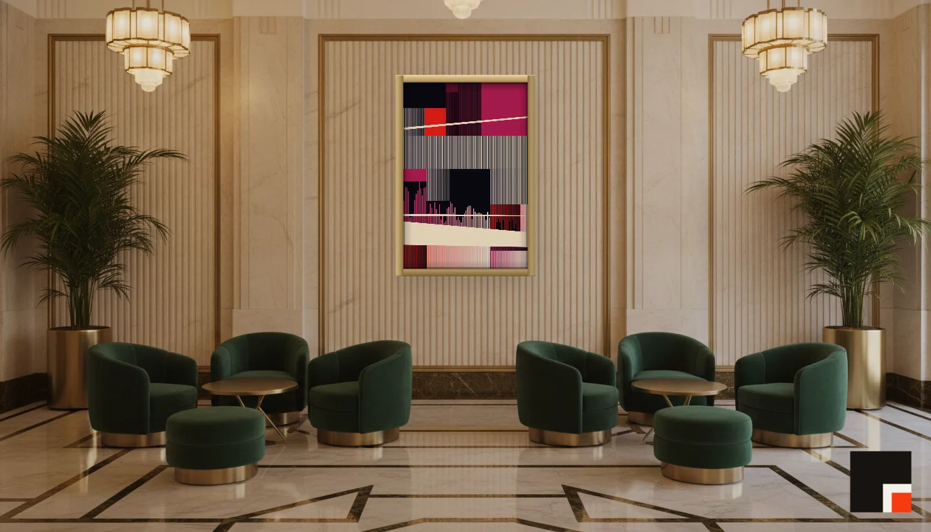 A Lumen & Logic artwork hanging in a Art Deco hotel interior — Lobby lounge · Vienna