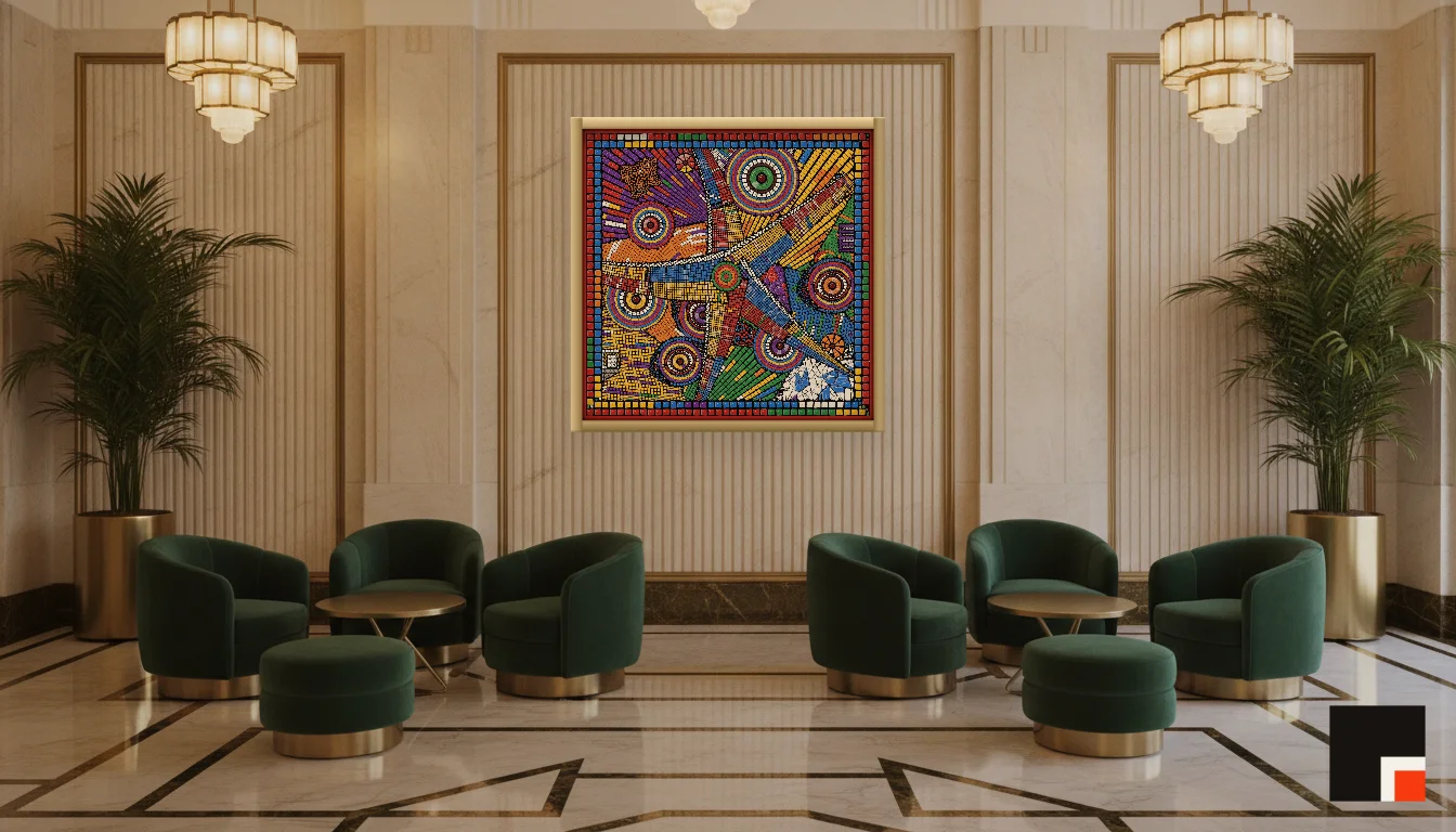 A Lumen & Logic artwork hanging in a Art Deco hotel interior — Lobby lounge · Vienna