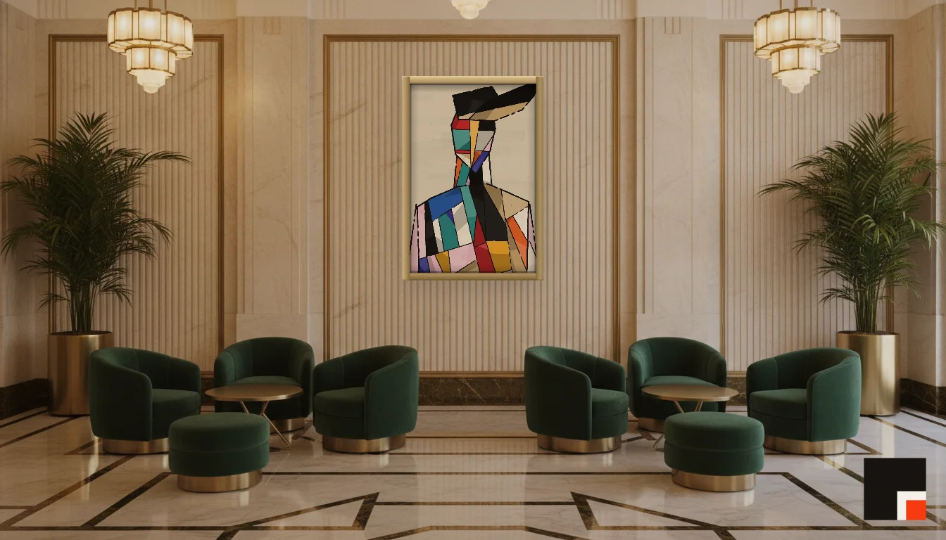 A Lumen & Logic artwork hanging in a Art Deco hotel interior — Lobby lounge · Vienna