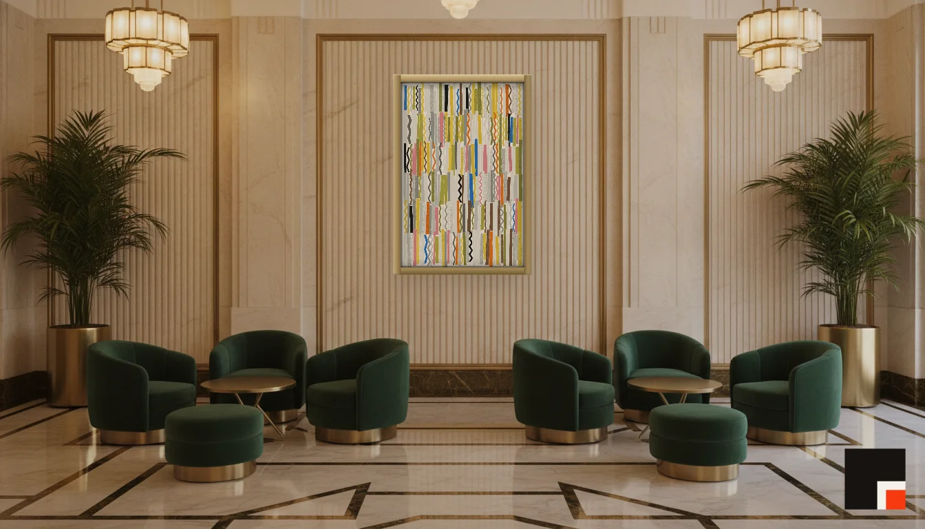 A Lumen & Logic artwork hanging in a Art Deco hotel interior — Lobby lounge · Vienna