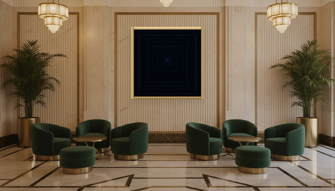 A Lumen & Logic artwork hanging in a Art Deco hotel interior — Lobby lounge · Vienna