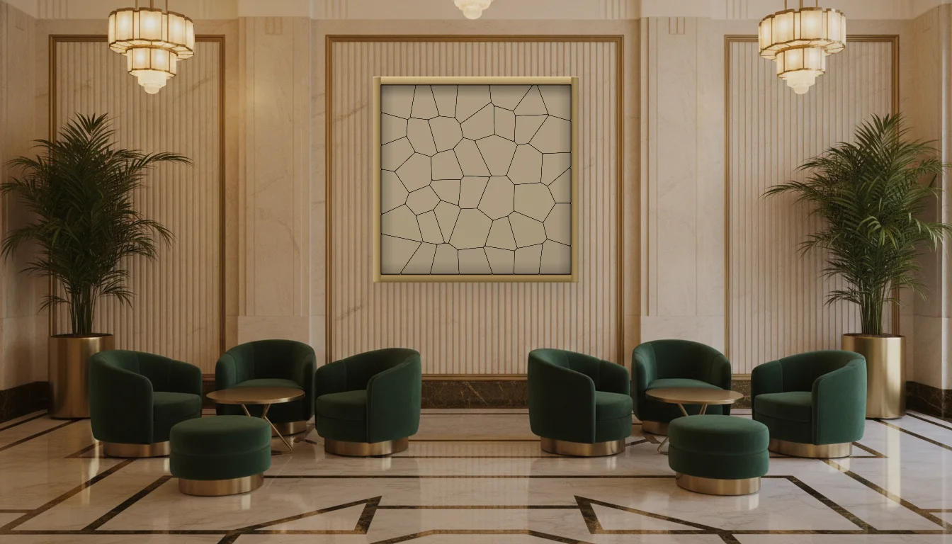 A Lumen & Logic artwork hanging in a Art Deco hotel interior — Lobby lounge · Vienna