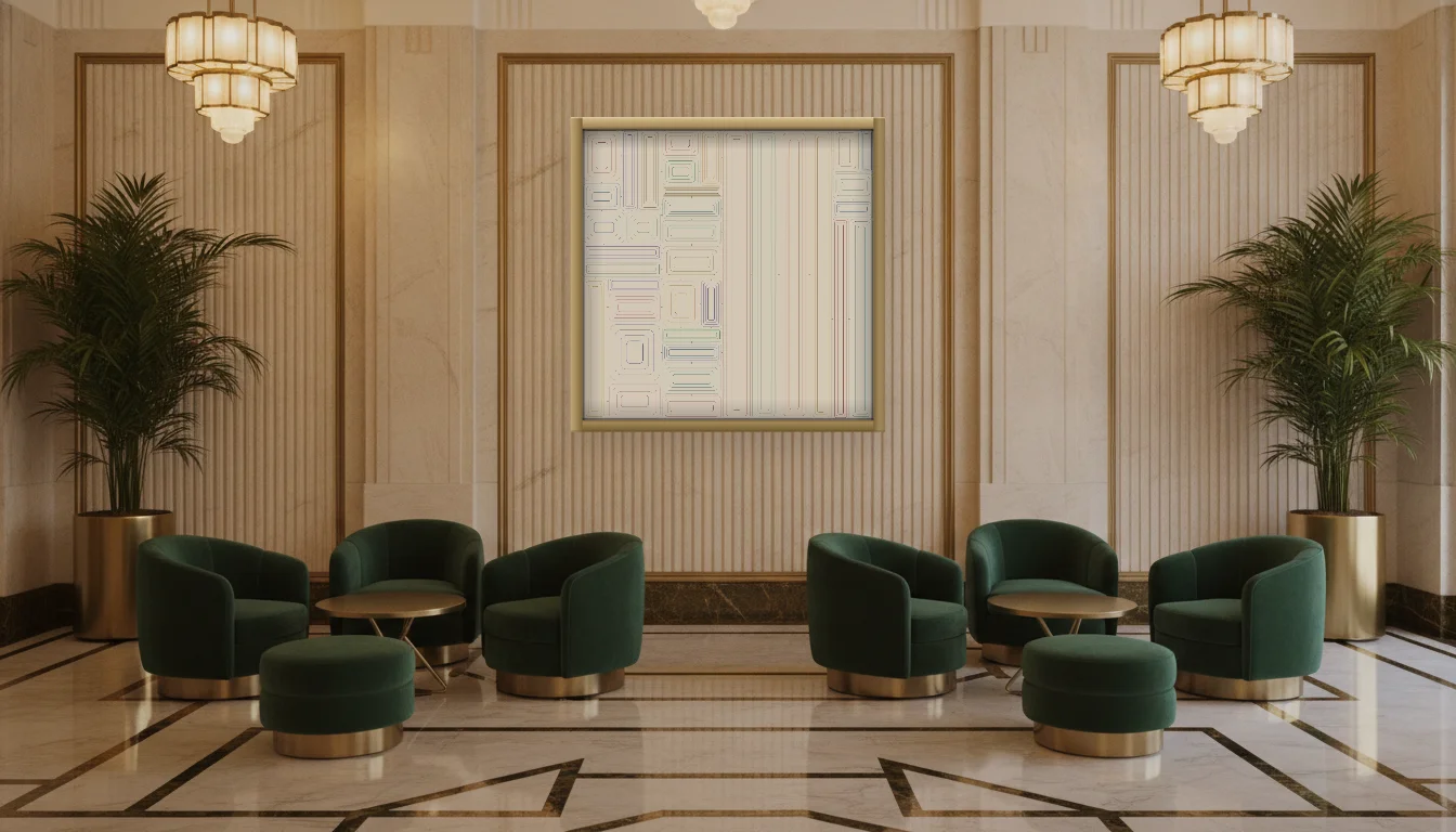 A Lumen & Logic artwork hanging in a Art Deco hotel interior — Lobby lounge · Vienna