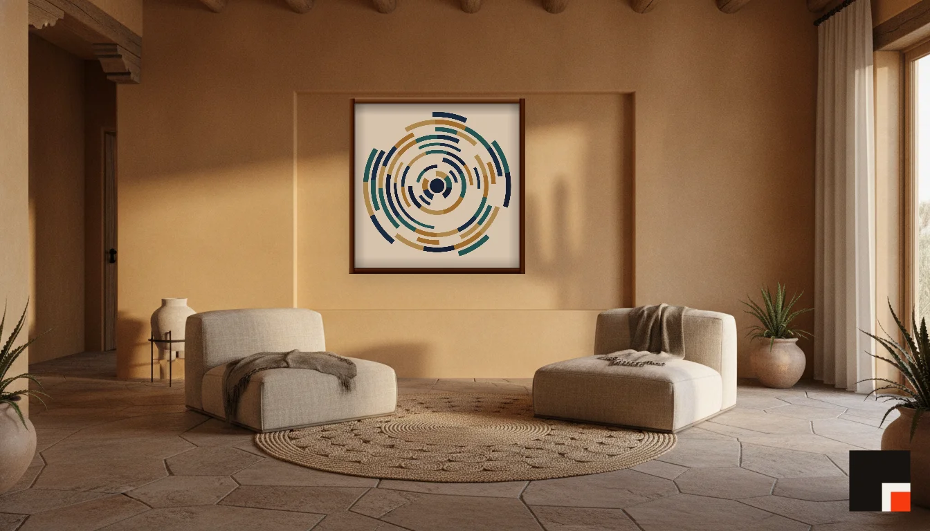 A Lumen & Logic artwork hanging in a Desert hotel interior — Desert retreat · Moab