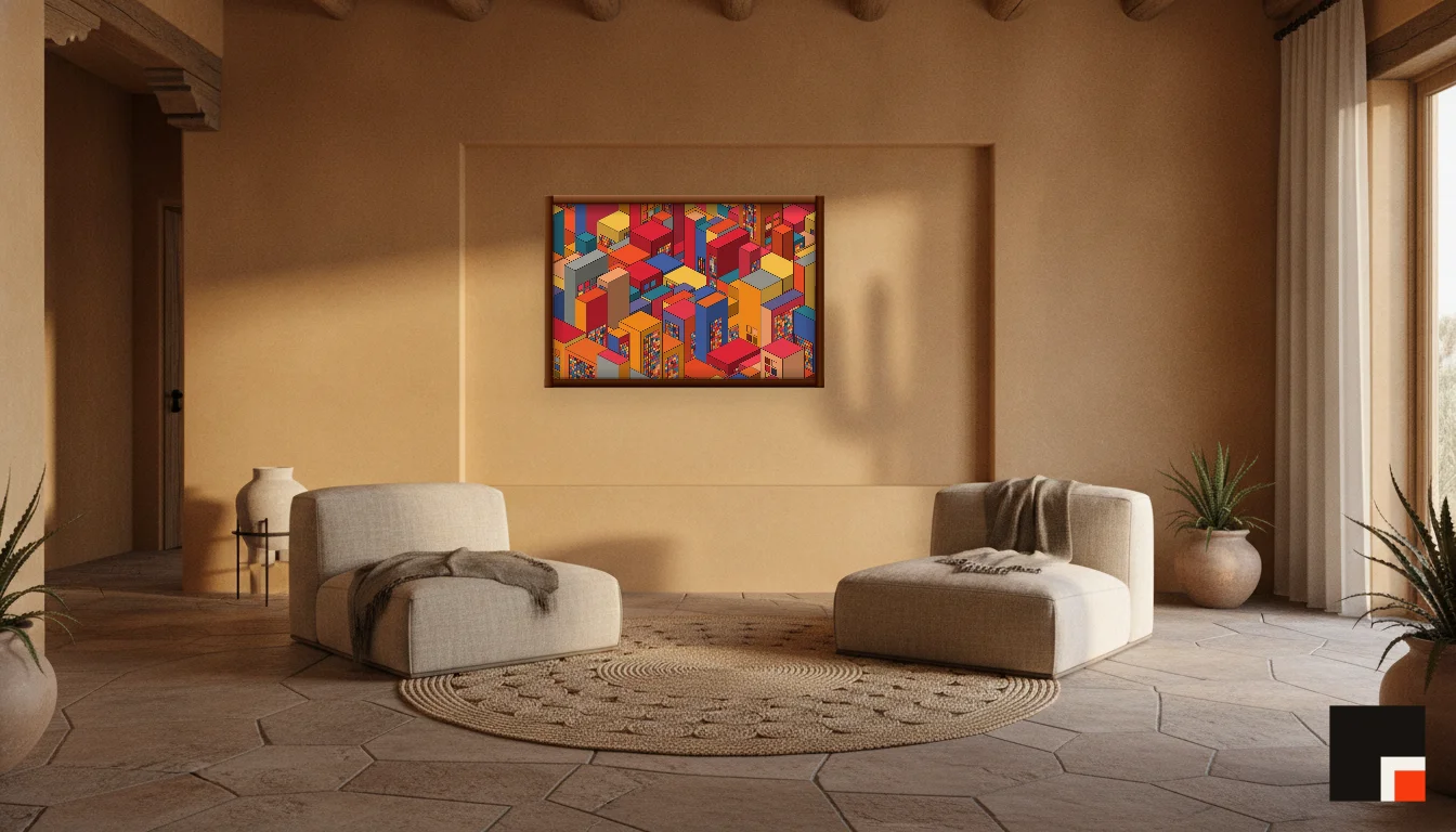 A Lumen & Logic artwork hanging in a Desert hotel interior — Desert retreat · Moab