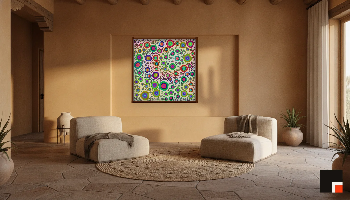 A Lumen & Logic artwork hanging in a Desert hotel interior — Desert retreat · Moab