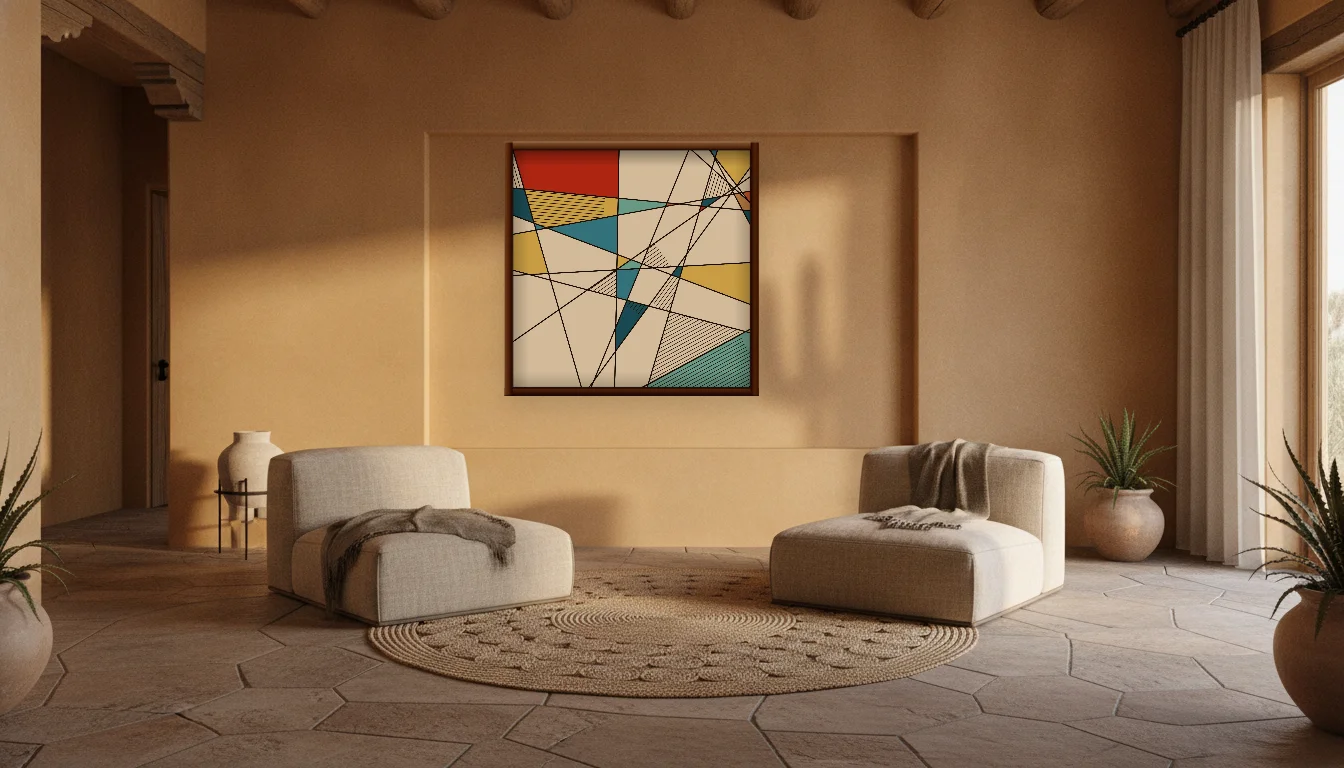 A Lumen & Logic artwork hanging in a Desert hotel interior — Desert retreat · Moab