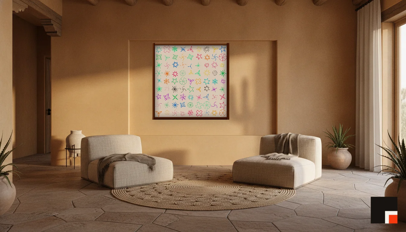 A Lumen & Logic artwork hanging in a Desert hotel interior — Desert retreat · Moab