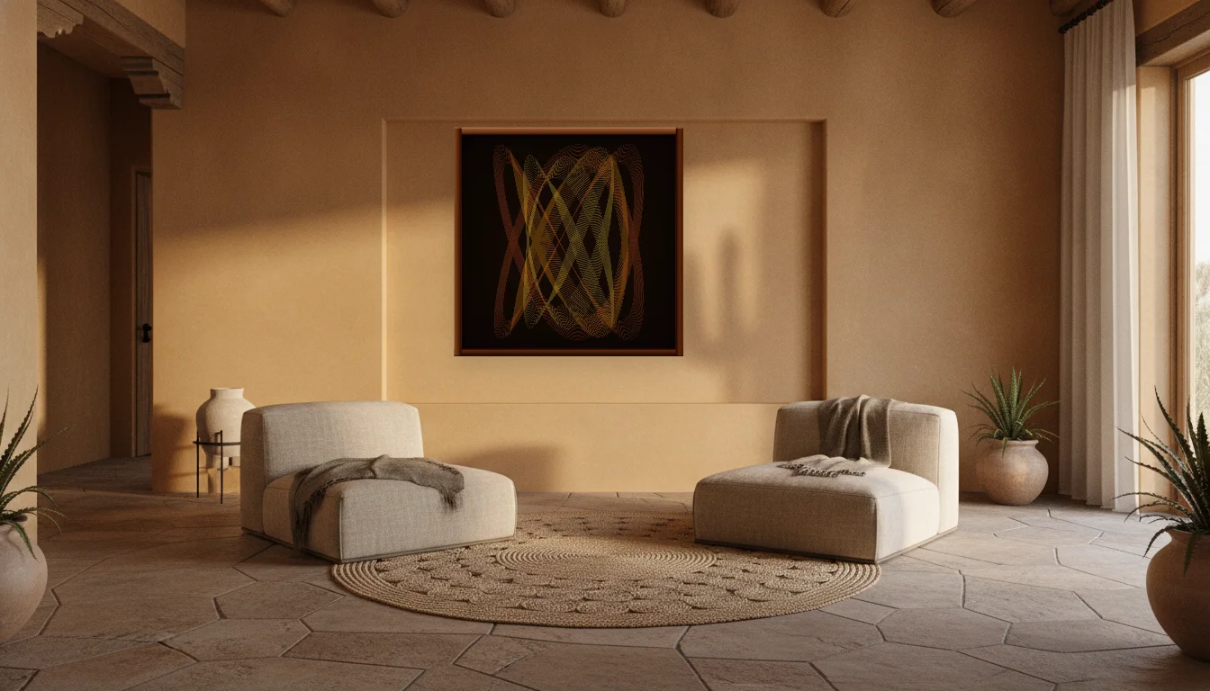 A Lumen & Logic artwork hanging in a Desert hotel interior — Desert retreat · Moab