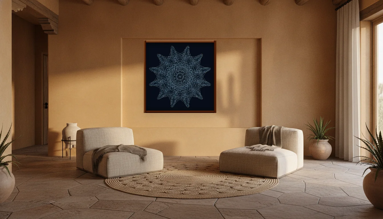 A Lumen & Logic artwork hanging in a Desert hotel interior — Desert retreat · Moab