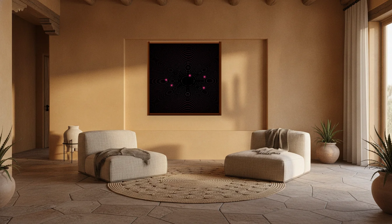 A Lumen & Logic artwork hanging in a Desert hotel interior — Desert retreat · Moab