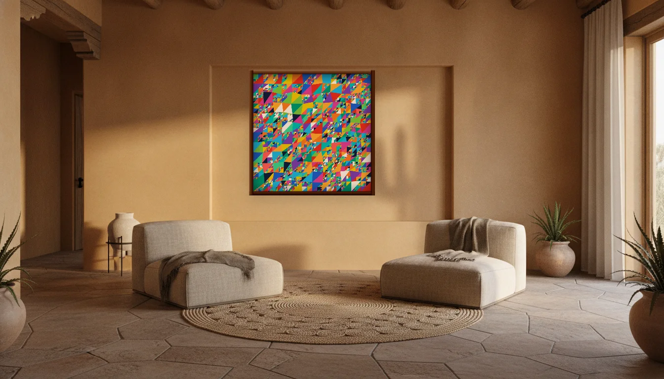 A Lumen & Logic artwork hanging in a Desert hotel interior — Desert retreat · Moab