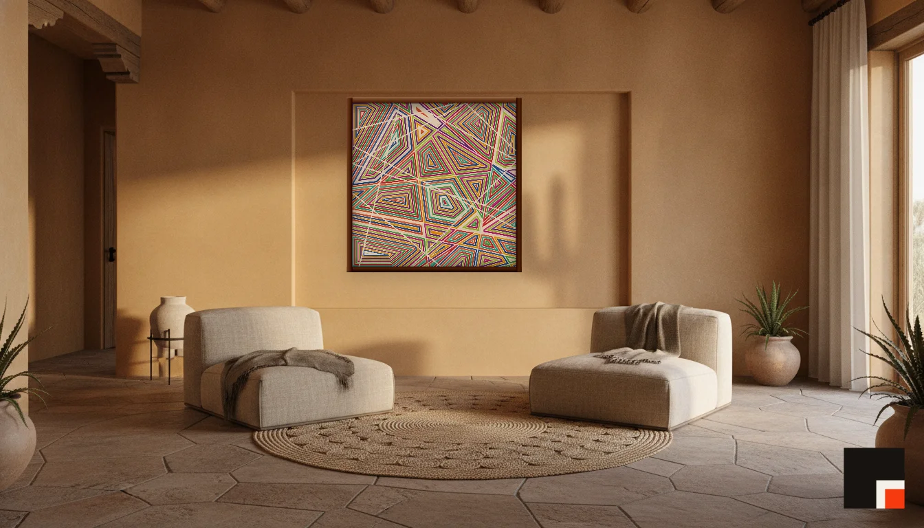 A Lumen & Logic artwork hanging in a Desert hotel interior — Desert retreat · Moab