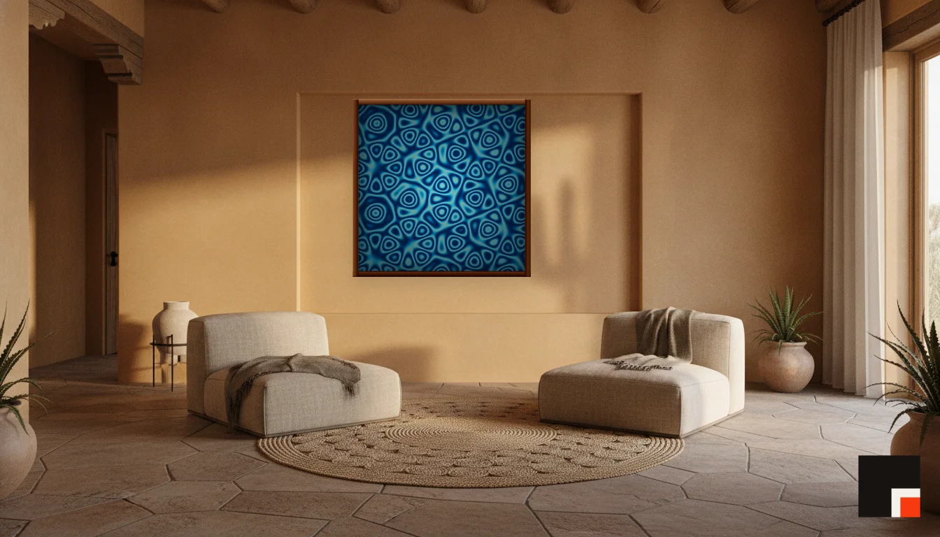A Lumen & Logic artwork hanging in a Desert hotel interior — Desert retreat · Moab