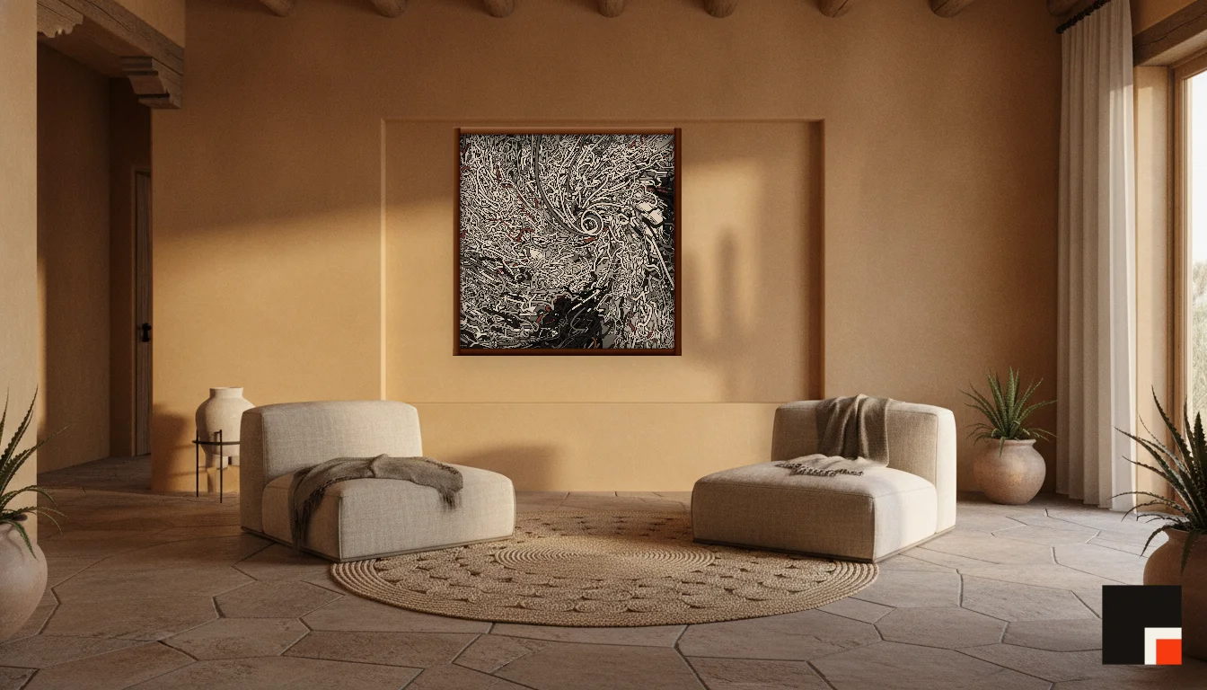 A Lumen & Logic artwork hanging in a Desert hotel interior — Desert retreat · Moab