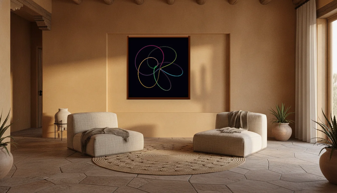 A Lumen & Logic artwork hanging in a Desert hotel interior — Desert retreat · Moab