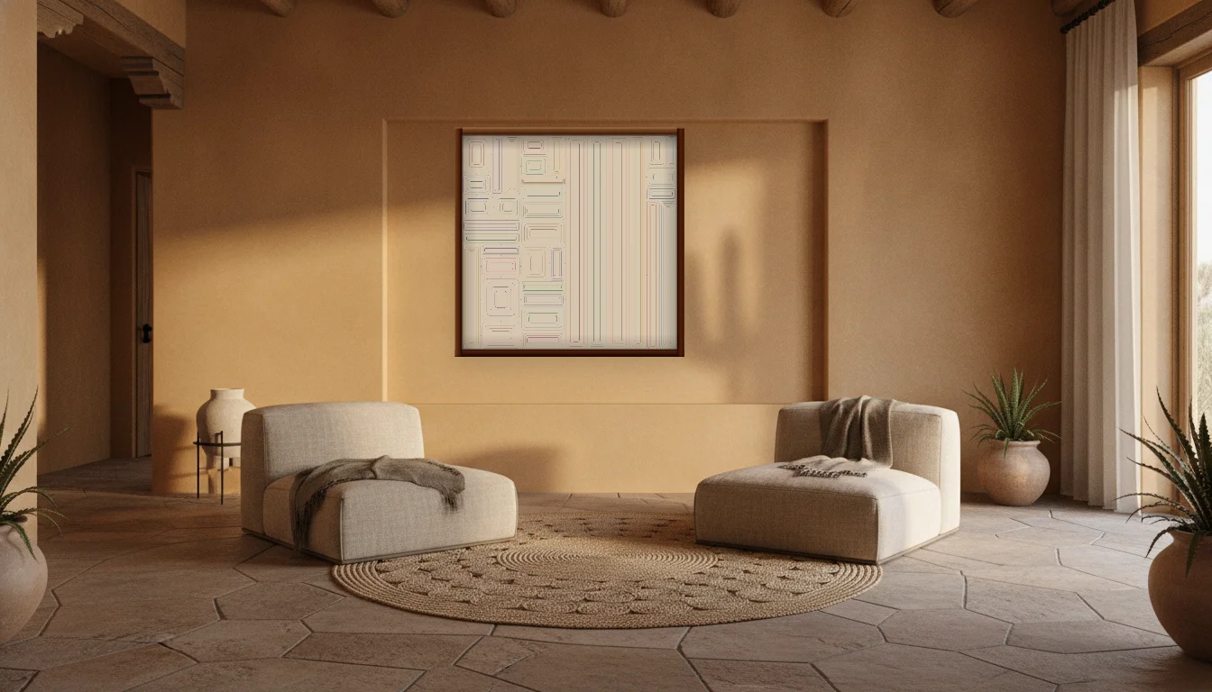 A Lumen & Logic artwork hanging in a Desert hotel interior — Desert retreat · Moab