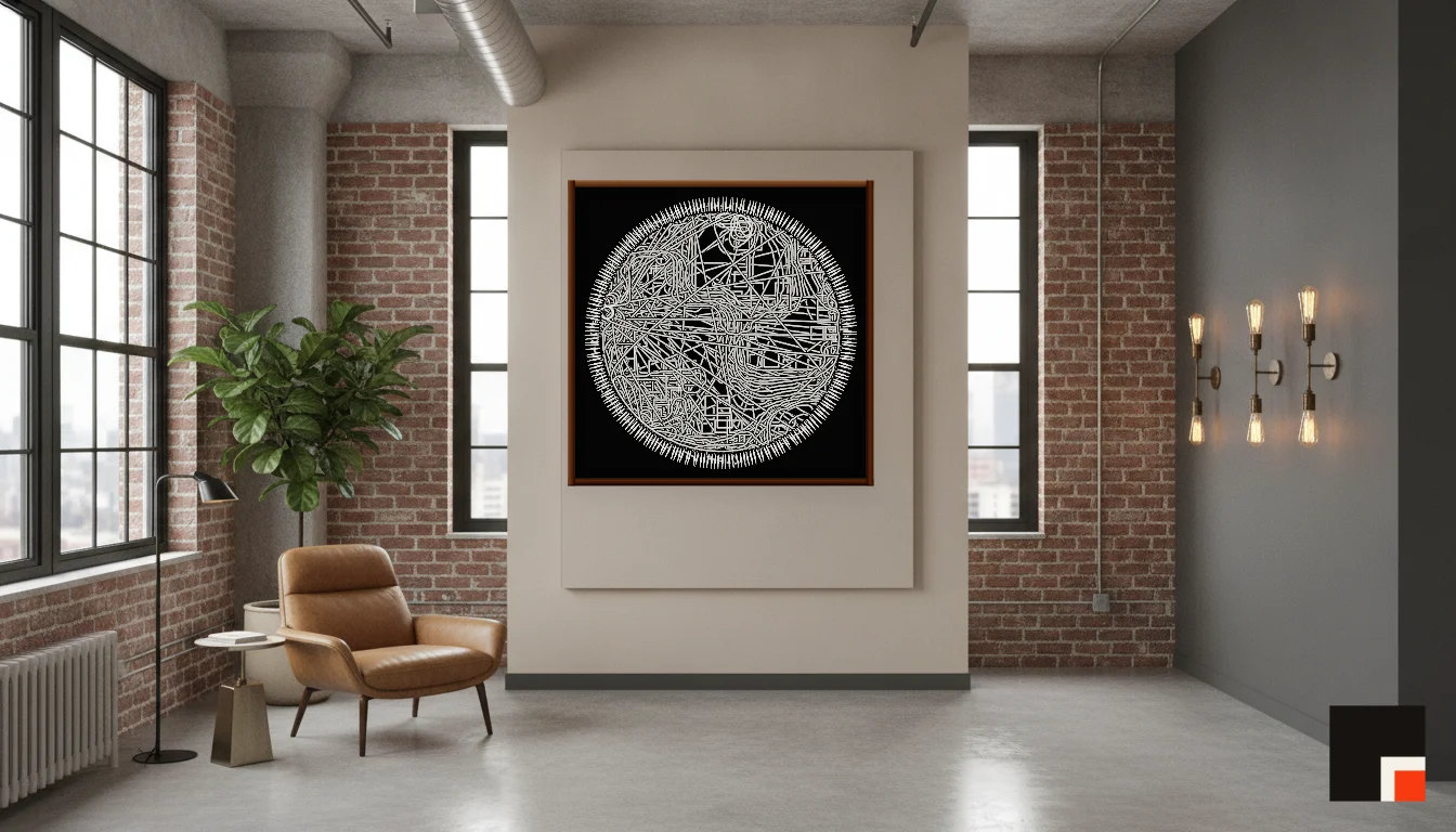 A Lumen & Logic artwork hanging in a Industrial hotel interior — Warehouse loft · Brooklyn