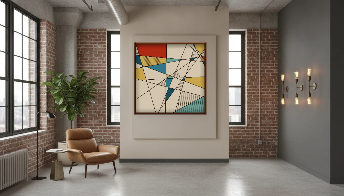 A Lumen & Logic artwork hanging in a Industrial hotel interior — Warehouse loft · Brooklyn