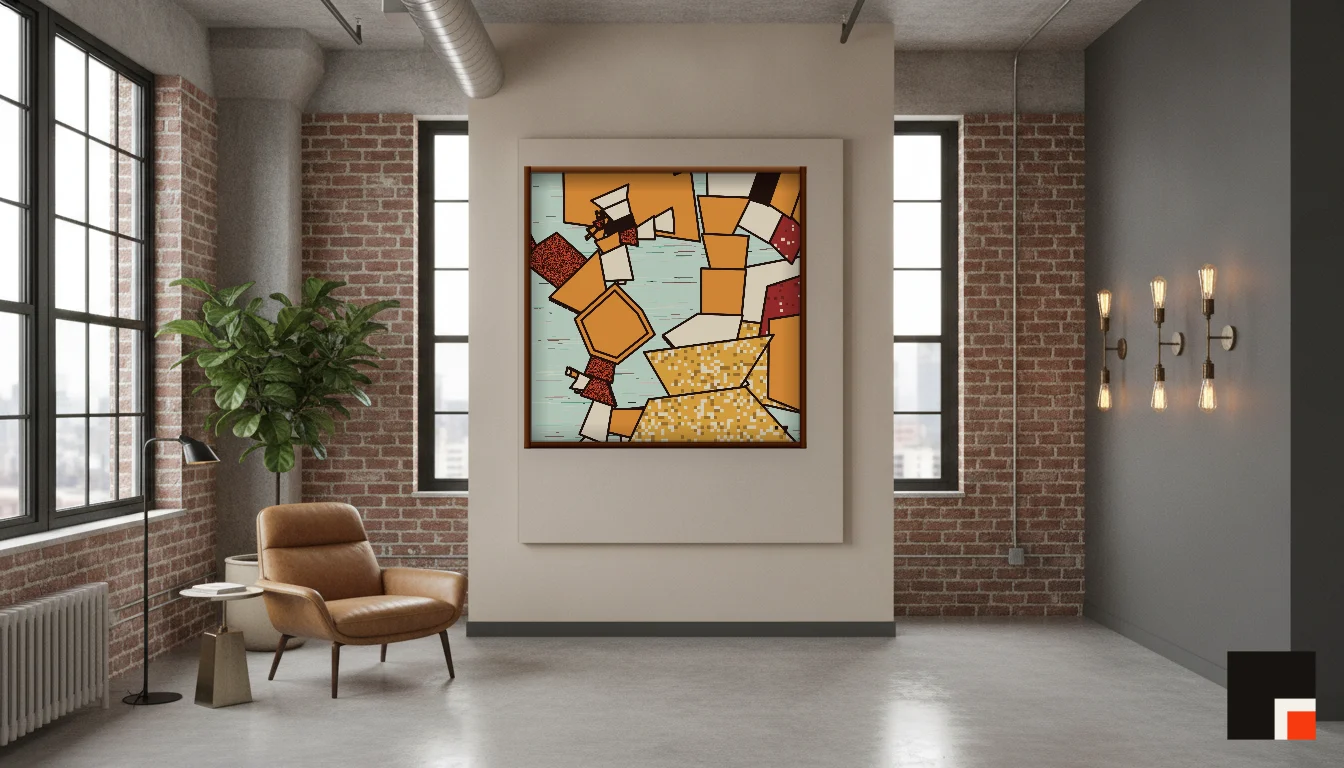 A Lumen & Logic artwork hanging in a Industrial hotel interior — Warehouse loft · Brooklyn