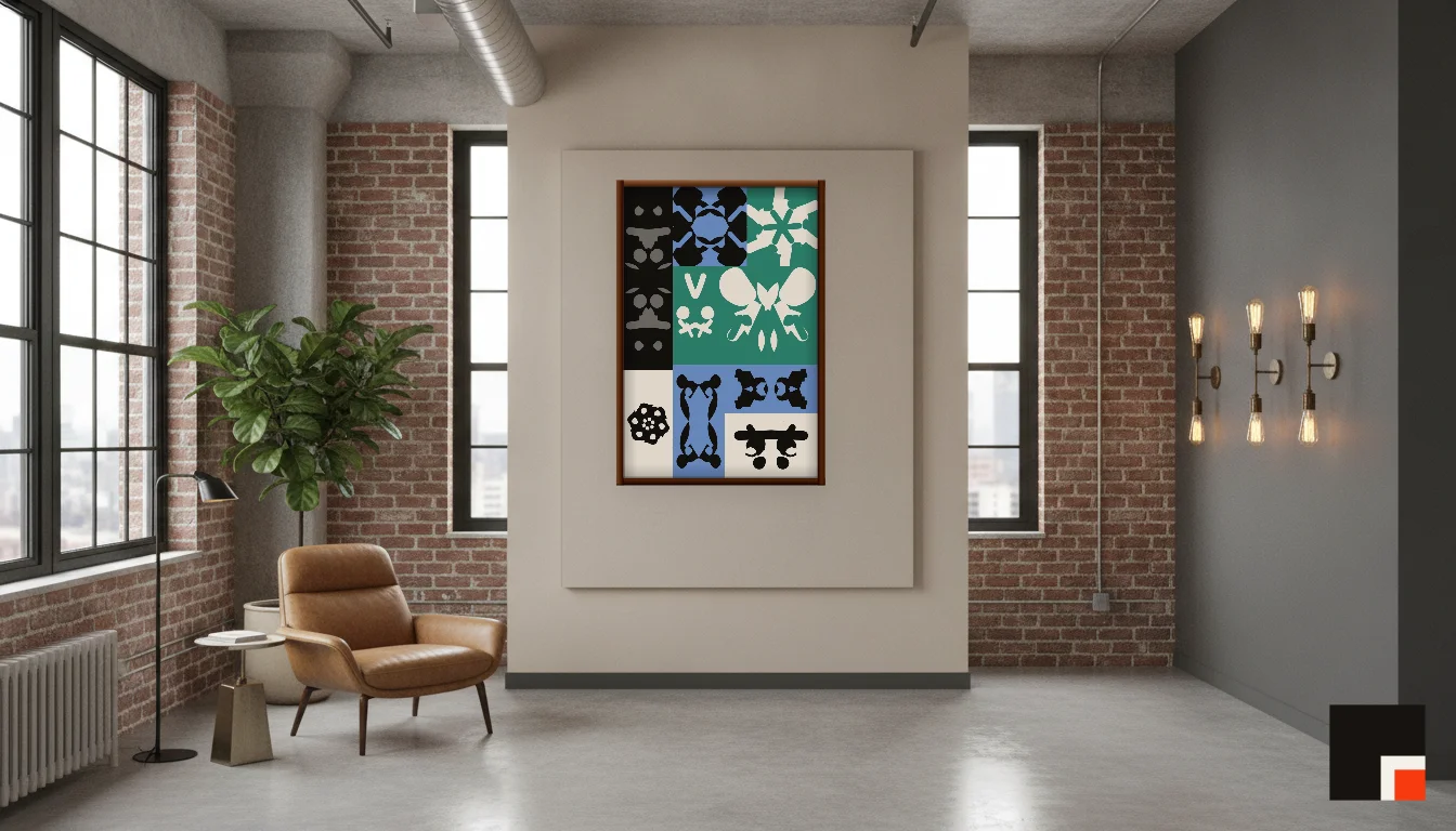 A Lumen & Logic artwork hanging in a Industrial hotel interior — Warehouse loft · Brooklyn