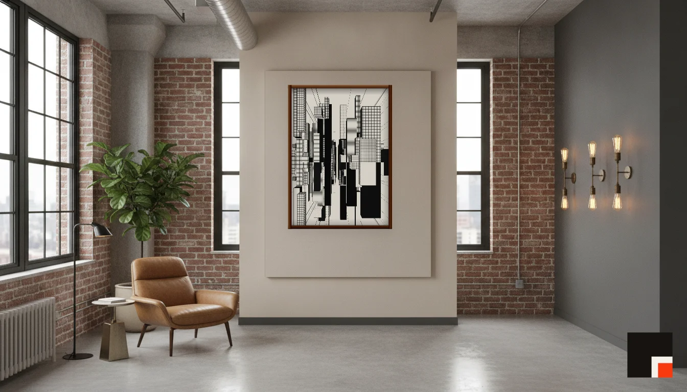 A Lumen & Logic artwork hanging in a Industrial hotel interior — Warehouse loft · Brooklyn