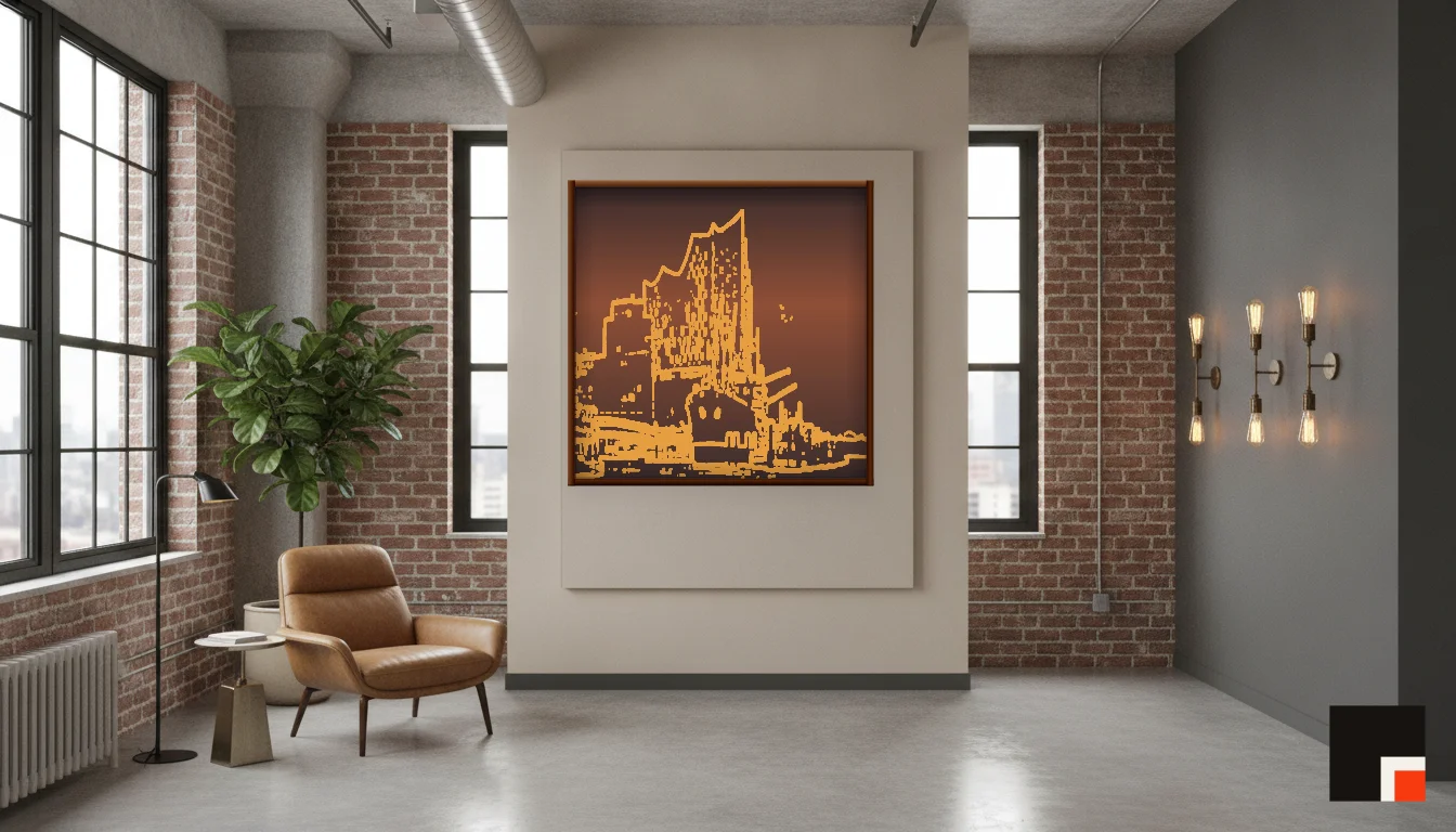 A Lumen & Logic artwork hanging in a Industrial hotel interior — Warehouse loft · Brooklyn