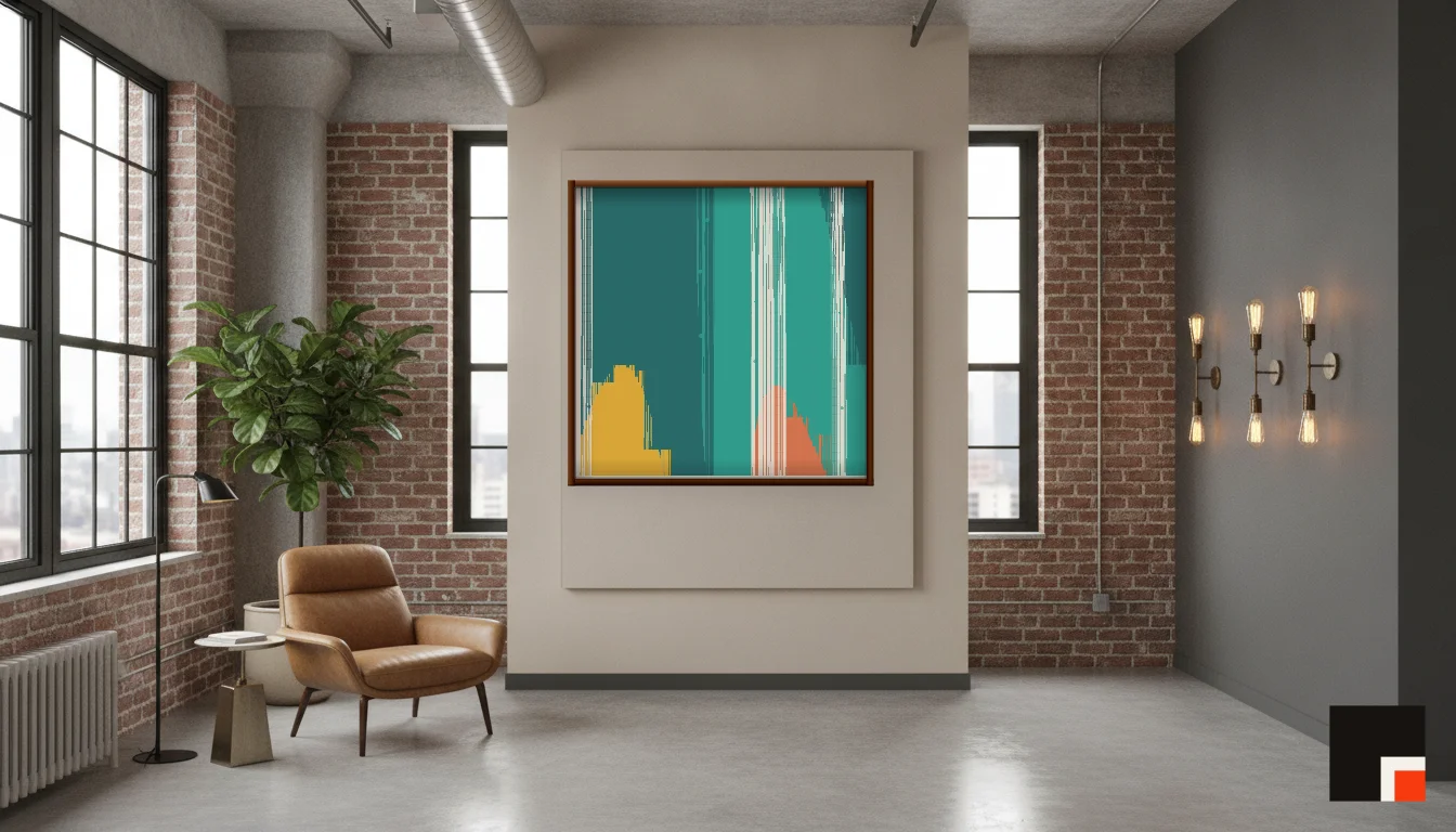 A Lumen & Logic artwork hanging in a Industrial hotel interior — Warehouse loft · Brooklyn