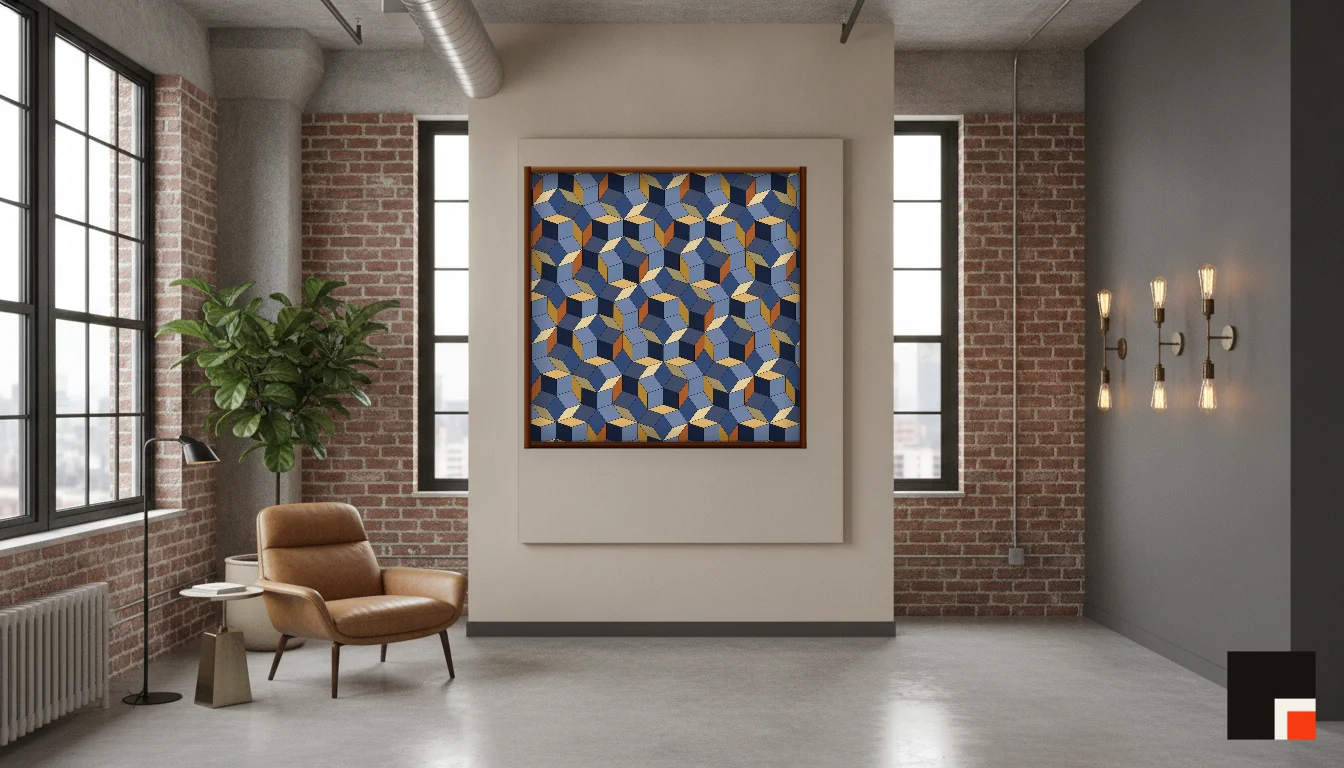 A Lumen & Logic artwork hanging in a Industrial hotel interior — Warehouse loft · Brooklyn
