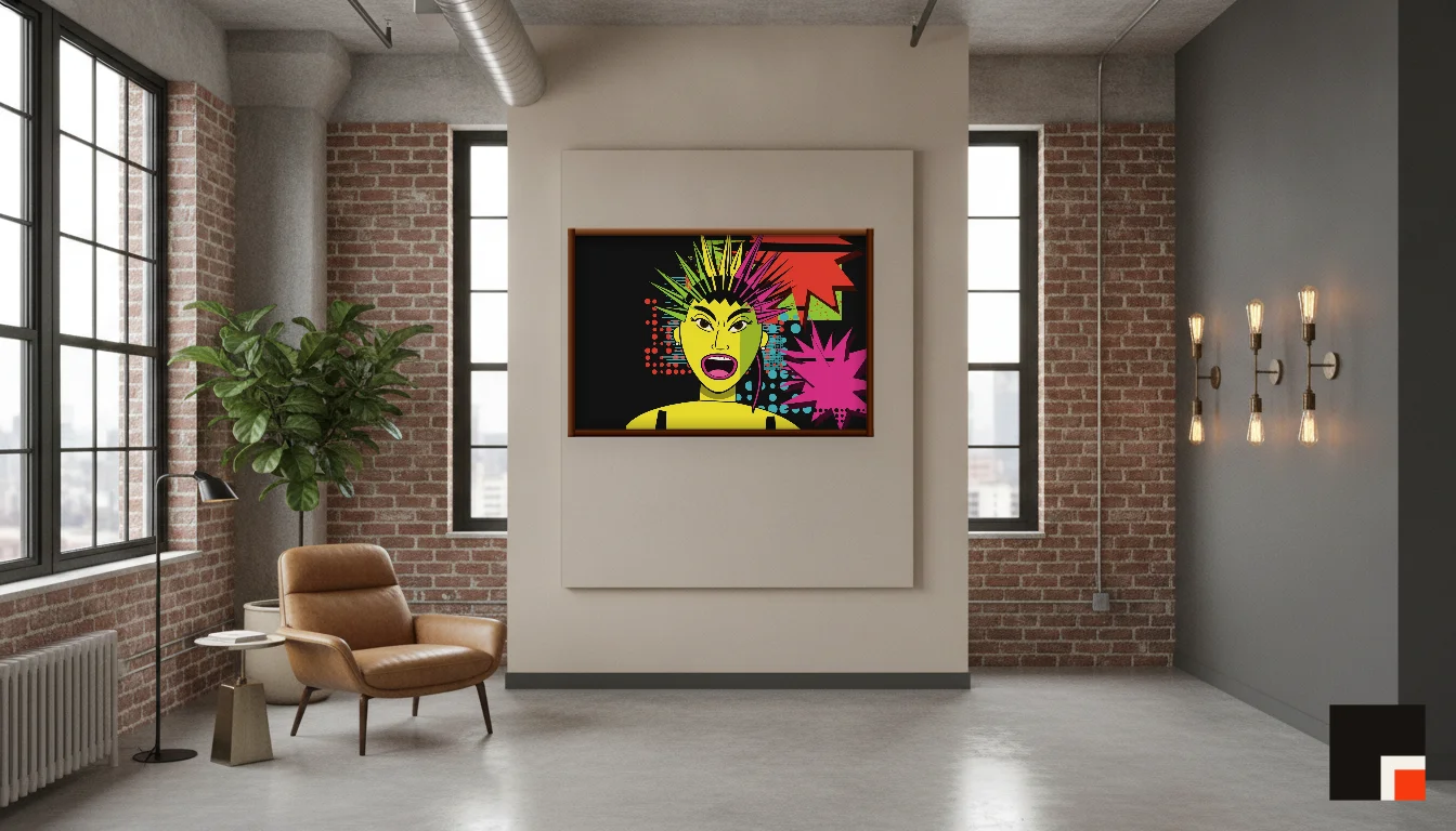A Lumen & Logic artwork hanging in a Industrial hotel interior — Warehouse loft · Brooklyn
