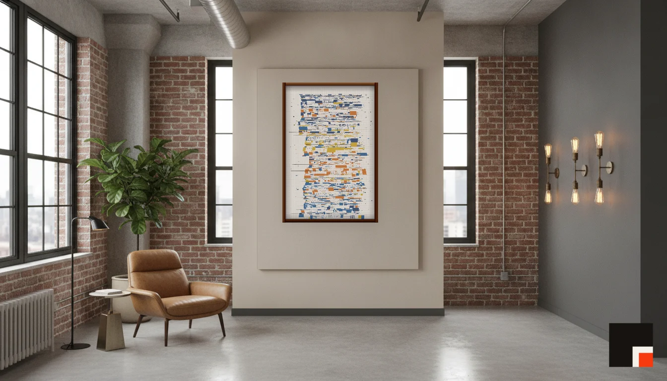 A Lumen & Logic artwork hanging in a Industrial hotel interior — Warehouse loft · Brooklyn