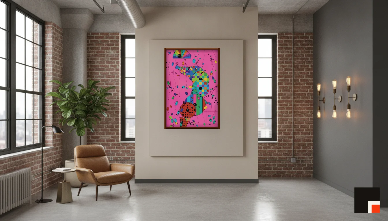 A Lumen & Logic artwork hanging in a Industrial hotel interior — Warehouse loft · Brooklyn